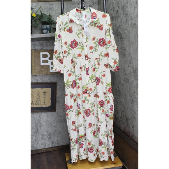 NWT Ny Collection Petites Crinkle Tiered Maxi Dress Ivory Floral Off White PL - Picture 3 of 6